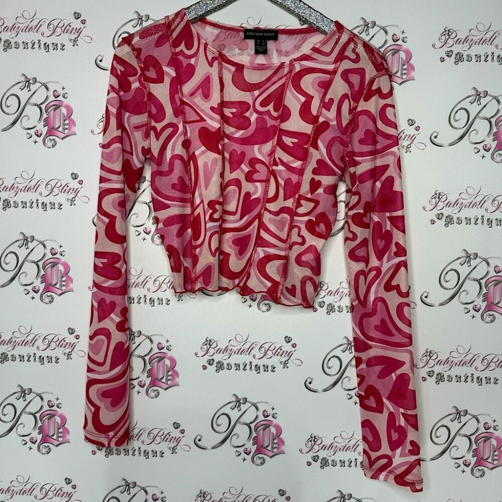Streetwear society heart mesh ruffle trim top see through hearts pink red white